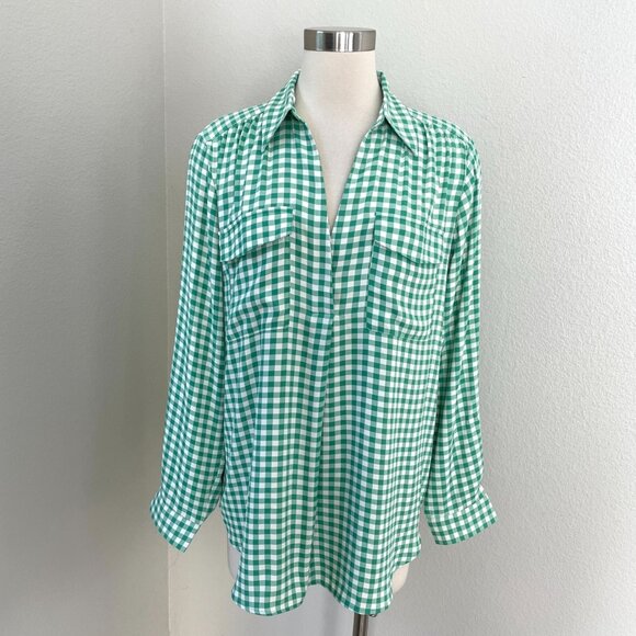 Ann Taylor Womens Large Green White Gingham Long Sleeve Blouse Shirt Top - Picture 2 of 13